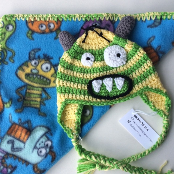 Handmade Crochet Monster hat & fleece lovey - Picture 3 of 7